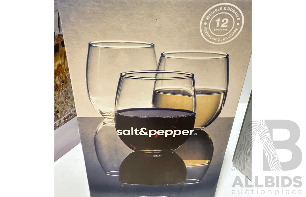 SALT and PEPPER Tumbler and Glass Set - SALT and PEPPER Stemless Wine Glasses SALT and PEPPER 12 Pc Dinner Set - Bamboo Chopping Boards - Lot of 5 - Total Estimated ORP $310.00