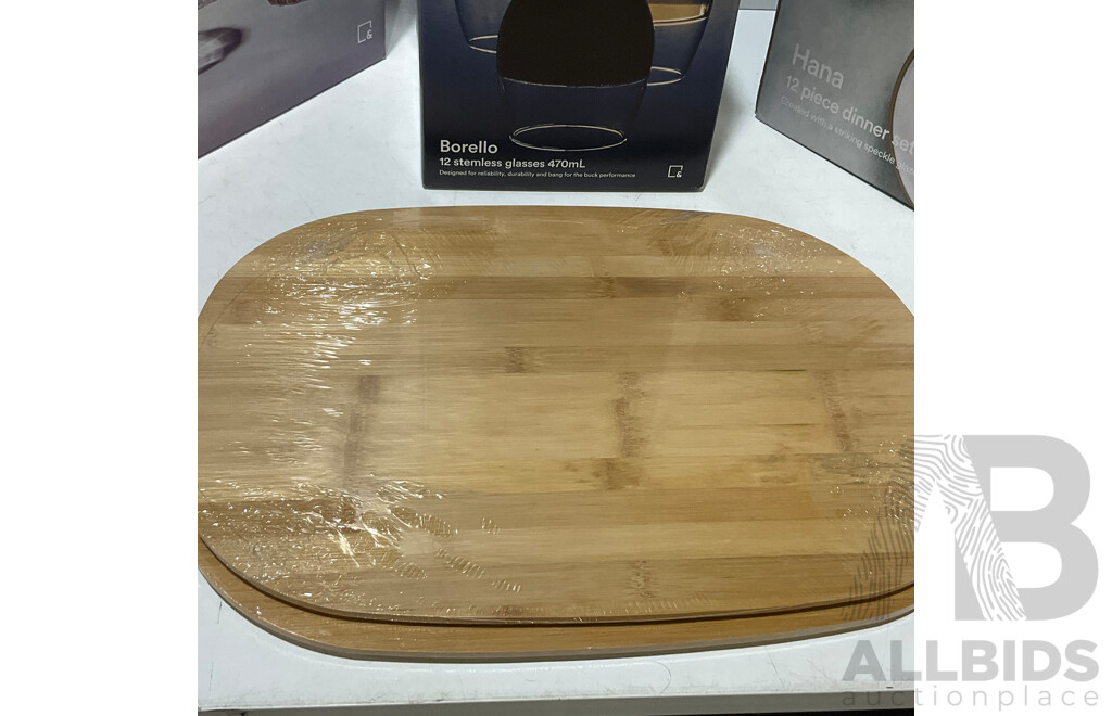 SALT and PEPPER Tumbler and Glass Set - SALT and PEPPER Stemless Wine Glasses SALT and PEPPER 12 Pc Dinner Set - Bamboo Chopping Boards - Lot of 5 - Total Estimated ORP $310.00