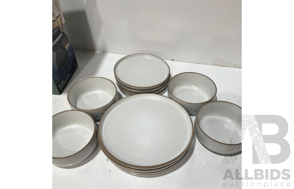 SALT and PEPPER Tumbler and Glass Set - SALT and PEPPER Stemless Wine Glasses SALT and PEPPER 12 Pc Dinner Set - Bamboo Chopping Boards - Lot of 5 - Total Estimated ORP $310.00