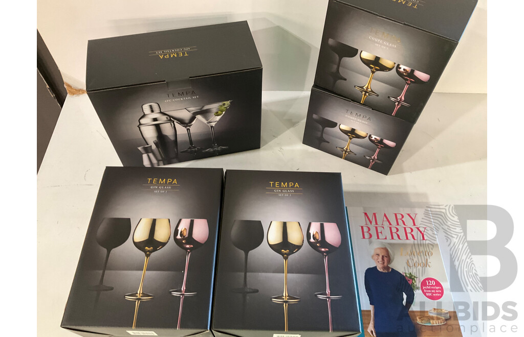 TEMPA Gin Glass Set of 2 (BLACK) / Coupe Glass Set of 2 (Rose) / 4PC Cocktail Set & MARY BERRY Love to Cook Book - Lot of 6 - ORP $259.00