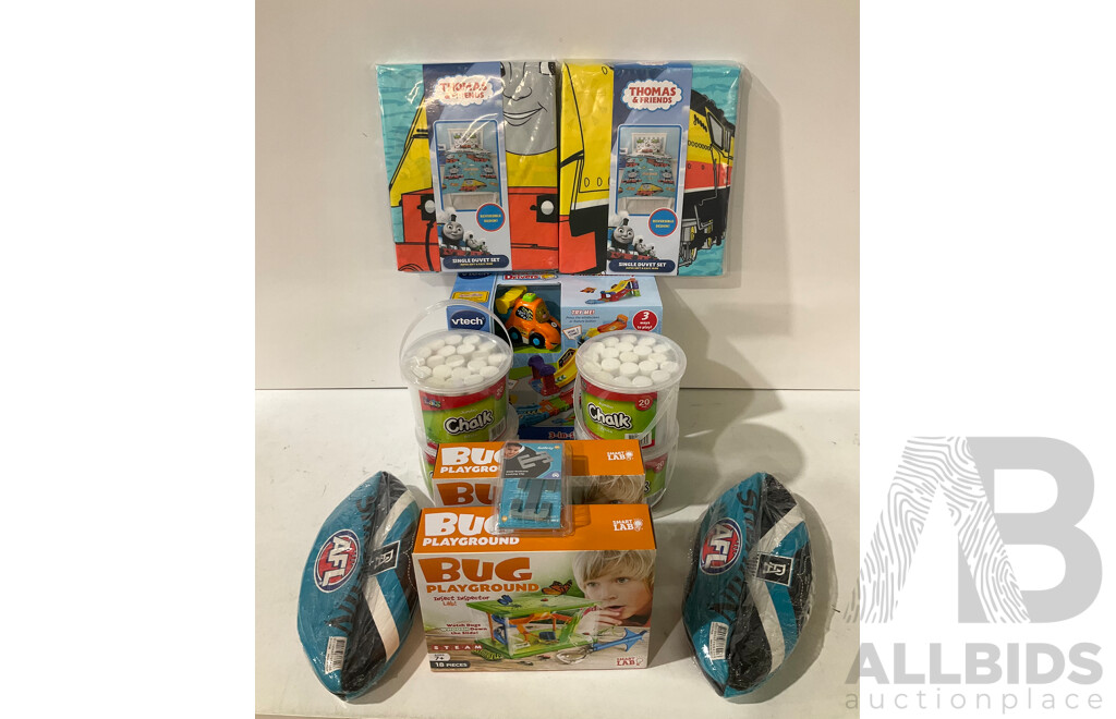 THOMAS the TANK ENGINE, BUG PLAYGROUND, CHALK X4, V TECH - Assorted Childrens Items - Lot of 12 - Estaimated ORP $199.99