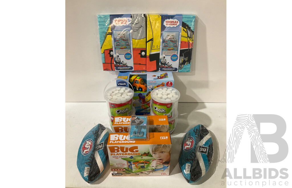 THOMAS the TANK ENGINE, BUG PLAYGROUND, CHALK X4, V TECH - Assorted Childrens Items - Lot of 12 - Estaimated ORP $199.99