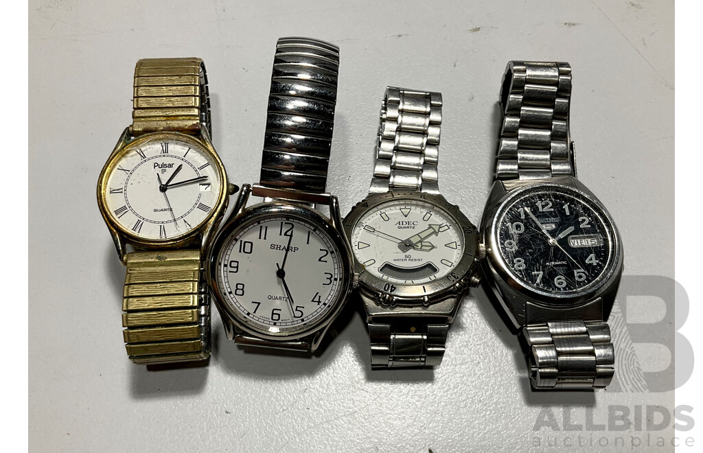 Four Men's Vintage Watches Including Pulsar, Seiko, Adec and Sharp