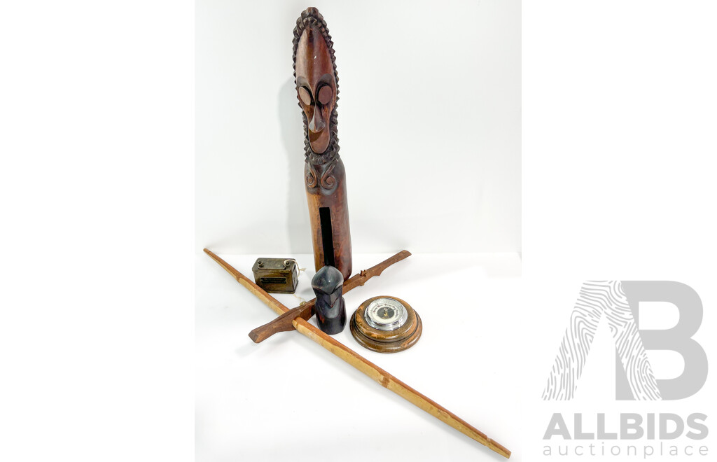 Hand Carved South East Asian Crossbow, Tan Tan  Drum, Wooden Sculpture, Coin Bank and  Barometer