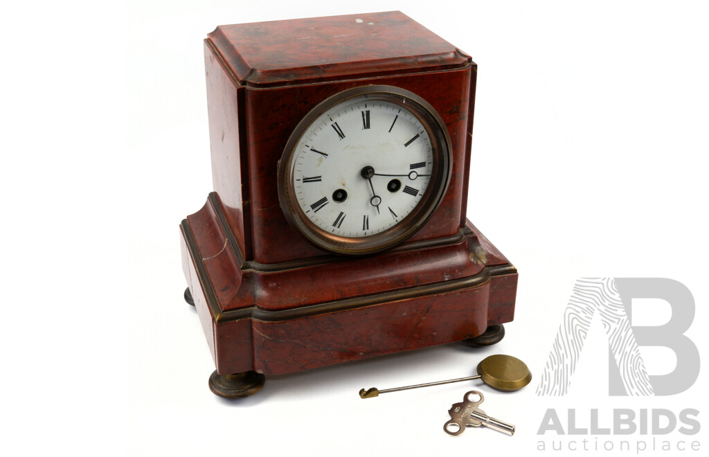 Antique Mantle Clock with Red Marble Case and Movement by Brevete 4678 with Key and Pendulum