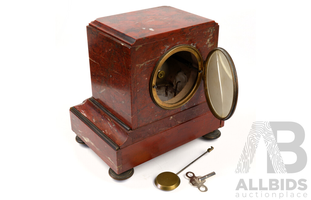 Antique Mantle Clock with Red Marble Case and Movement by Brevete 4678 with Key and Pendulum