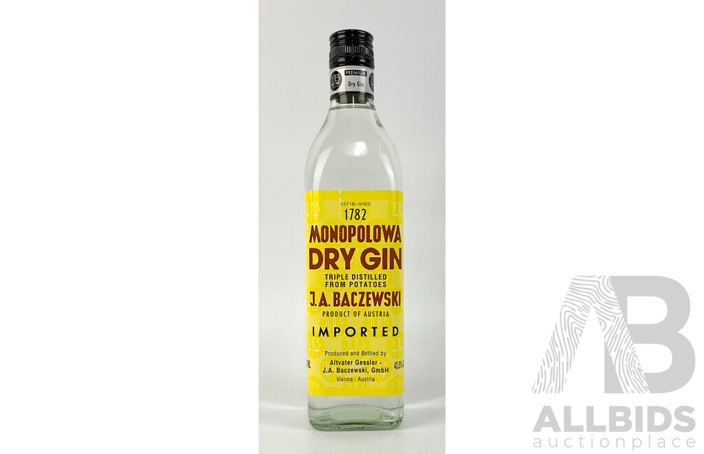 Monopolowa Dry Gin, Austrian Triple Distilled From Potatoes by J a Baczewski, 750ml Bottle