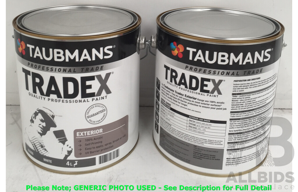 Taubmans TradeX 4L Exterior Paint Gloss White - Lot of 6 - ORP $480.00