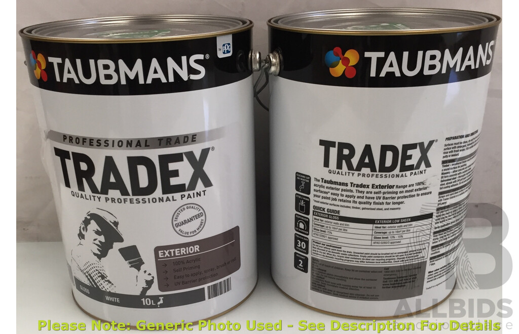 Taubmans TradeX 10L Exterior Paint Gloss (White) - Lot of 2 - ORP $257.80