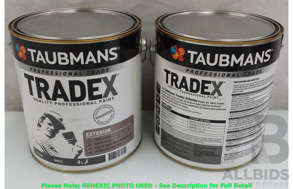 Taubmans TradeX 4L Exterior Paint Gloss White - Lot of 6 - ORP $480.00