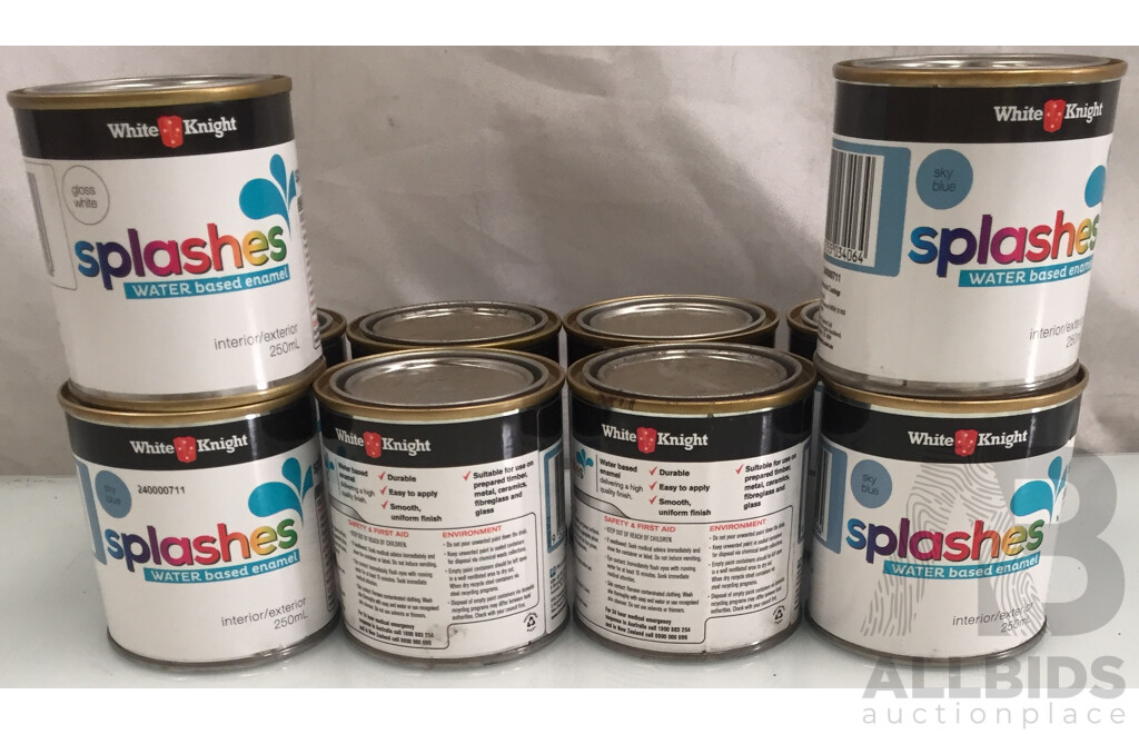 White Knight Splashes 250mL Interior/Exterior Paint (Gloss White and Sky Blue) - Lot of 10 - ORP $195.00