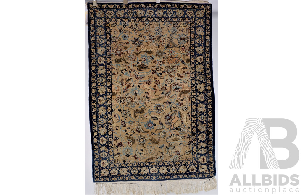 Vintage Fine Hand Knotted Persian Ishahan Wool Animal Design Rug