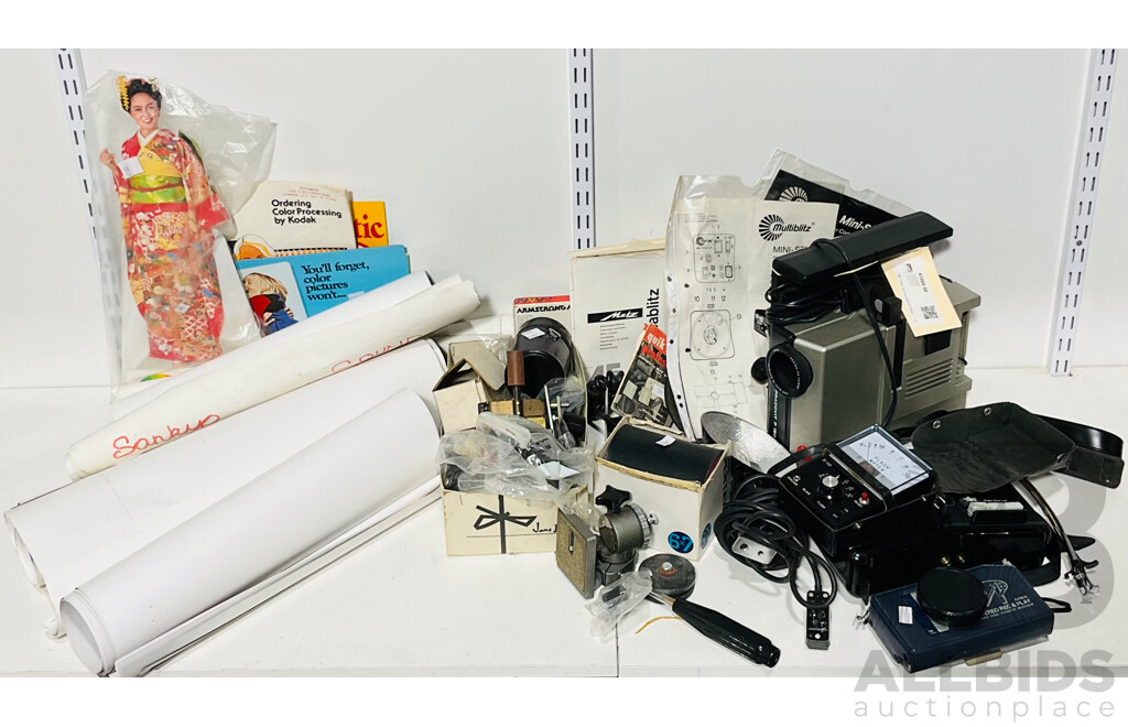 Very Large Vintage Collection of Camera and Photograph Memorabilia Including Several Promotional Posters, a Leica Pradovit P 150 Slide Projector with 85mm F/2.8 Hektor-P2 Lens, S-F 400 Flash Meter and More