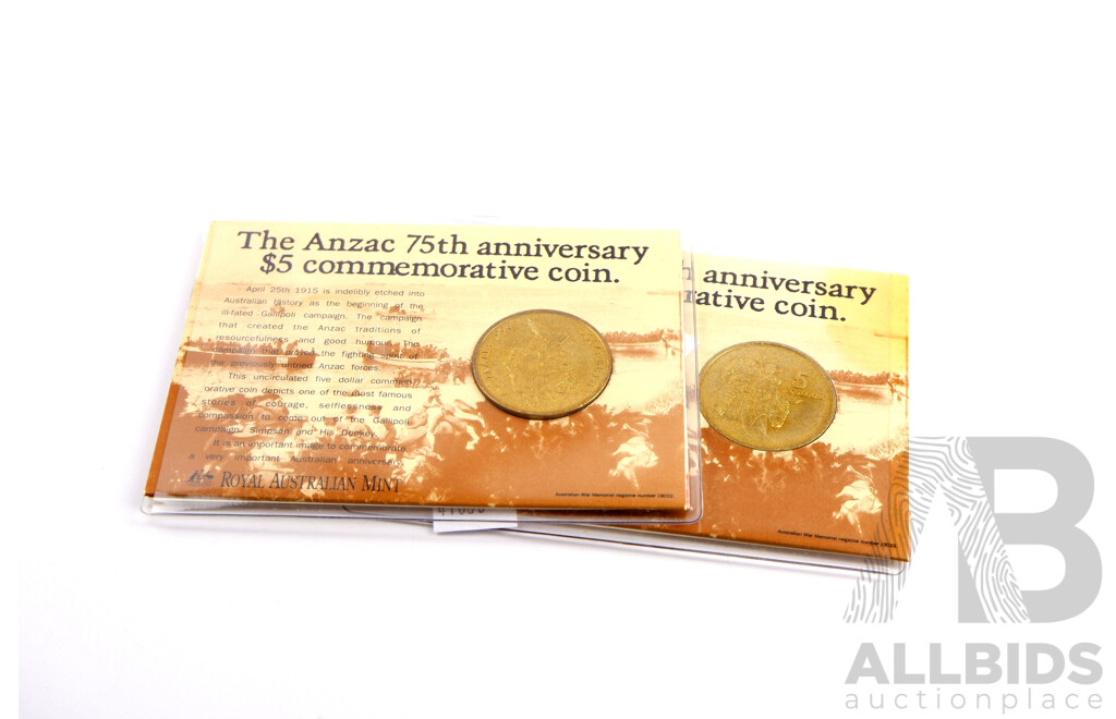 Two ANZAC 75th Anniversary $5 Commemorative Coins