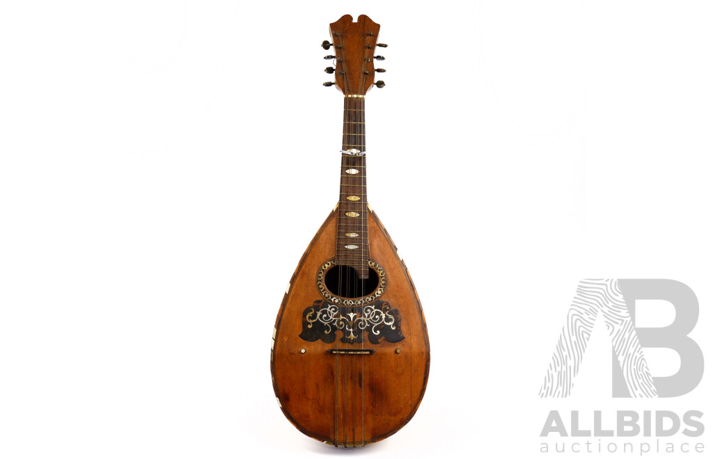 Antique Mandolin by Gaetano Vinaccia 1905, Ornately Inlaid with Mother of Pearl on Table and Frets. Hand made in Naples and hand-signed by maker. Length: 60 cm