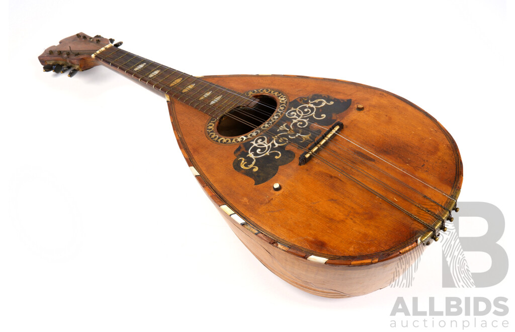 Antique Mandolin by Gaetano Vinaccia 1905, Ornately Inlaid with Mother of Pearl on Table and Frets. Hand made in Naples and hand-signed by maker. Length: 60 cm