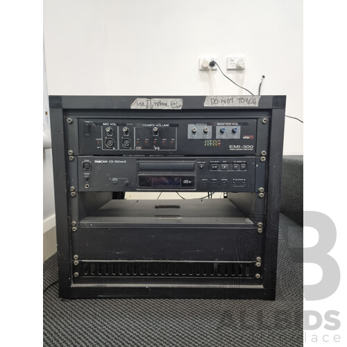 InterM EMI-300 150Wx2 Mixing Amplifier & Tascam CD-160 Mk2 in Rack & 2x Wall Mounted D.A.S.S Speakers