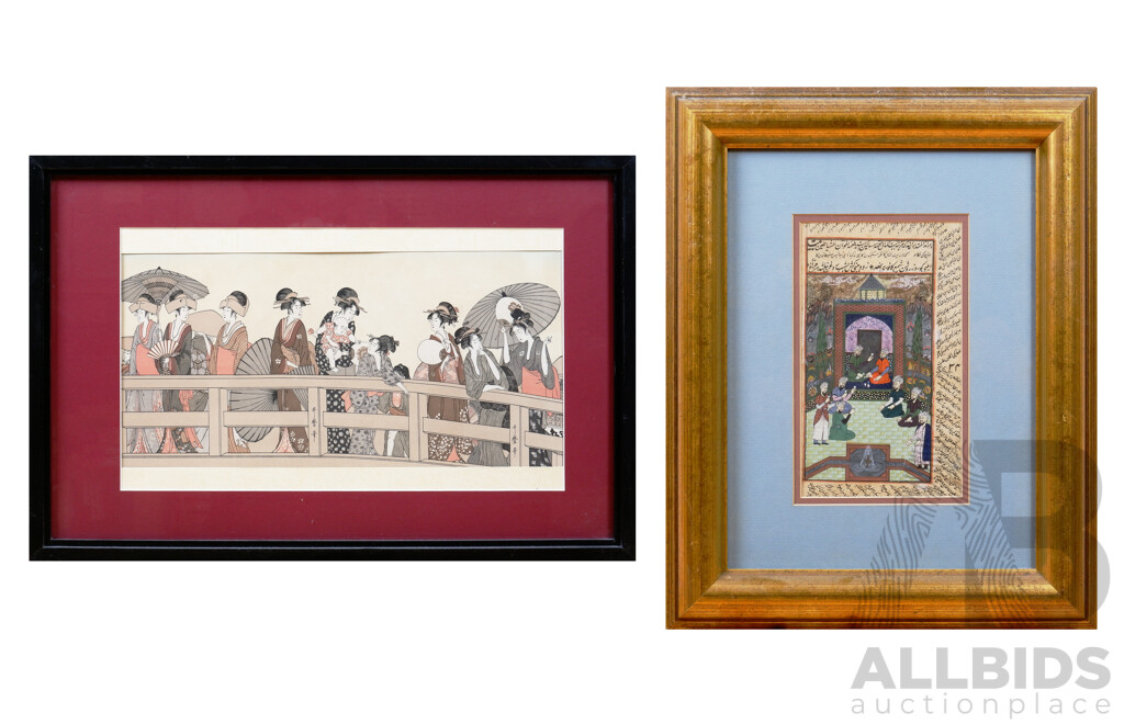 A Framed Persian Miniature on Paper, 23 x 13 cm together with an Utamaro reproduction print 39 x 58 cm (frame) (2) 