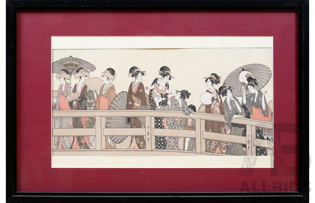 A Framed Persian Miniature on Paper, 23 x 13 cm together with an Utamaro reproduction print 39 x 58 cm (frame) (2) 