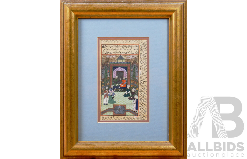 A Framed Persian Miniature on Paper, 23 x 13 cm together with an Utamaro reproduction print 39 x 58 cm (frame) (2) 