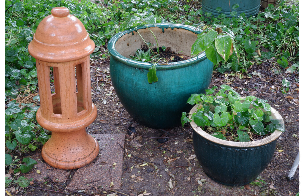 Two Green Glazed Ceramic Planters and a Terracotta Chimney Top