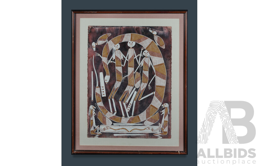 Artist Unknown, (Aboriginal School) Rainbow Serpent and Mimi Spirits, Watercolour & Ochre on Paper, 99x79cm (frame)