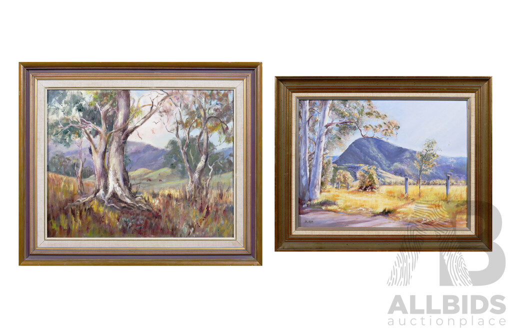 Two Australian Landscape Oil on Canvas Paintings, One Signed 'D.R.P', largest 39 x 49 cm