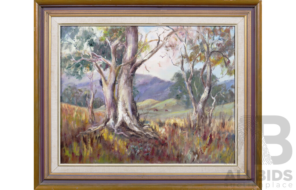 Two Australian Landscape Oil on Canvas Paintings, One Signed 'D.R.P', largest 39 x 49 cm