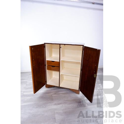 Vintage Art Deco Cupboard With Walnut Veneer Highlights and Internal Drawers