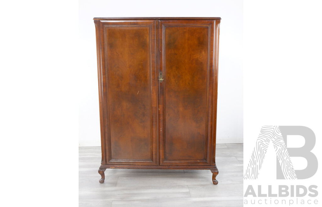 Vintage Mahogany Wardrobe With Brass Handle, Hanging Rail and Internal Draws