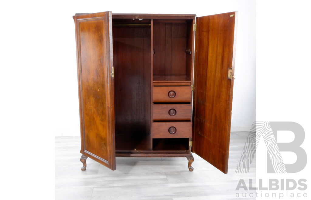 Vintage Mahogany Wardrobe With Brass Handle, Hanging Rail and Internal Draws