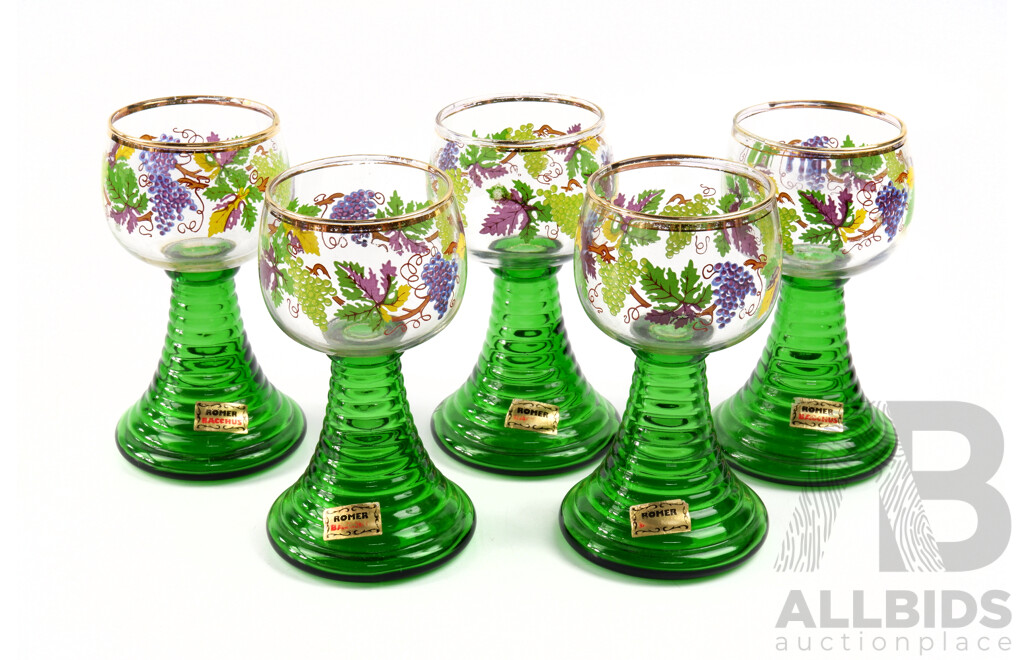 Set of Five Vintage Romer Bacchus Wine Goblets Decorated with Vine and Grape Motif