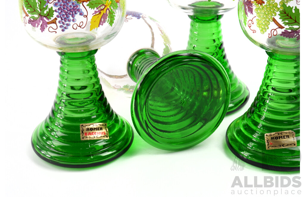 Set of Five Vintage Romer Bacchus Wine Goblets Decorated with Vine and Grape Motif