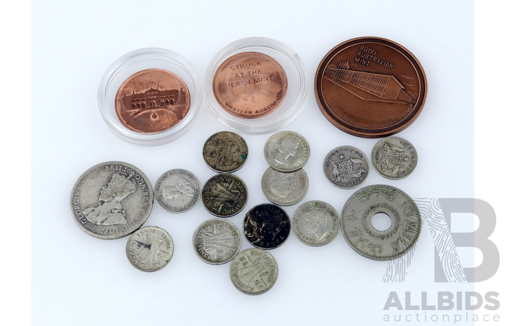 Australian KGV, KGVI and QE2 Threepence (12) 1916 Florin, 1927 Palestine Ten Mils and RAM and Pert Mint Souvenir Coins