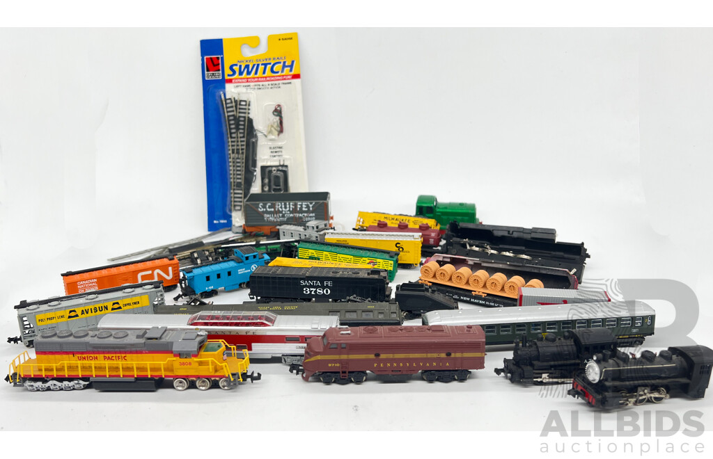 Collection of N Gauge Trains Plastic and Die Cast Including Pennsylvania 9710 and Union Pacific 3808