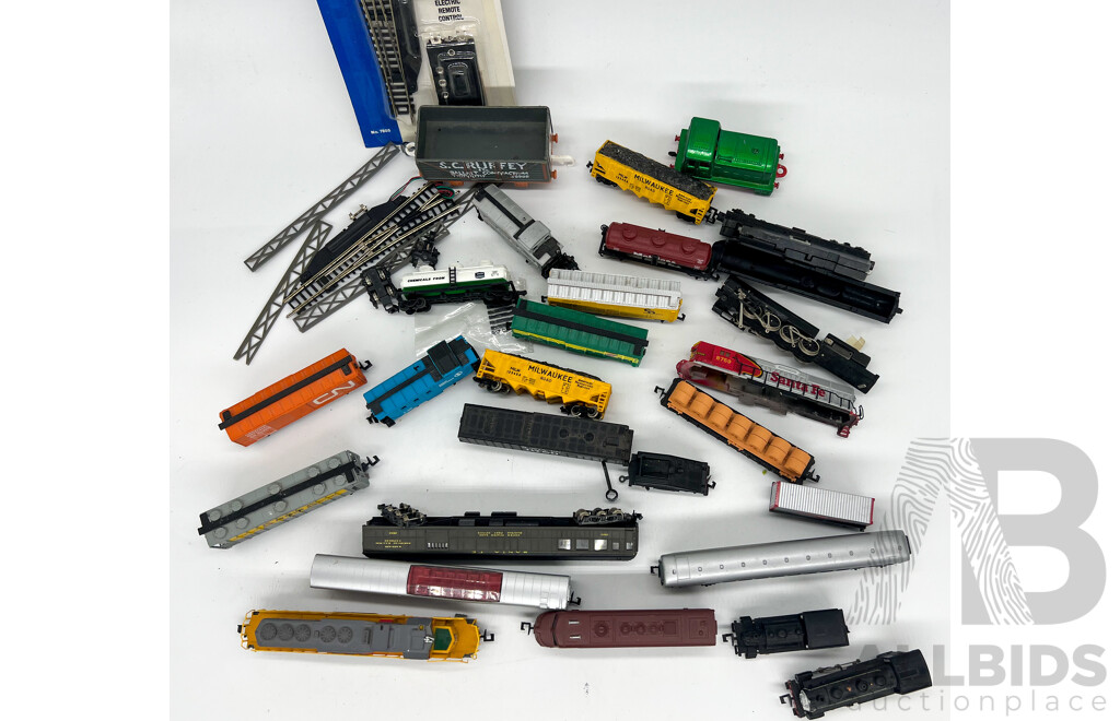 Collection of N Gauge Trains Plastic and Die Cast Including Pennsylvania 9710 and Union Pacific 3808