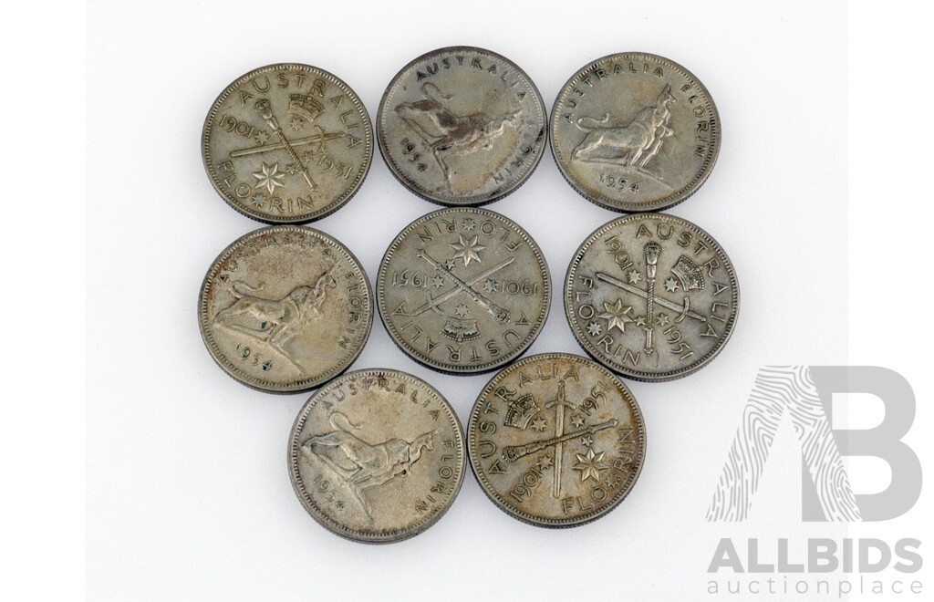 Collection of Australian Commemorative Florins 1951 (4) and 1954 (4) .500 Silver