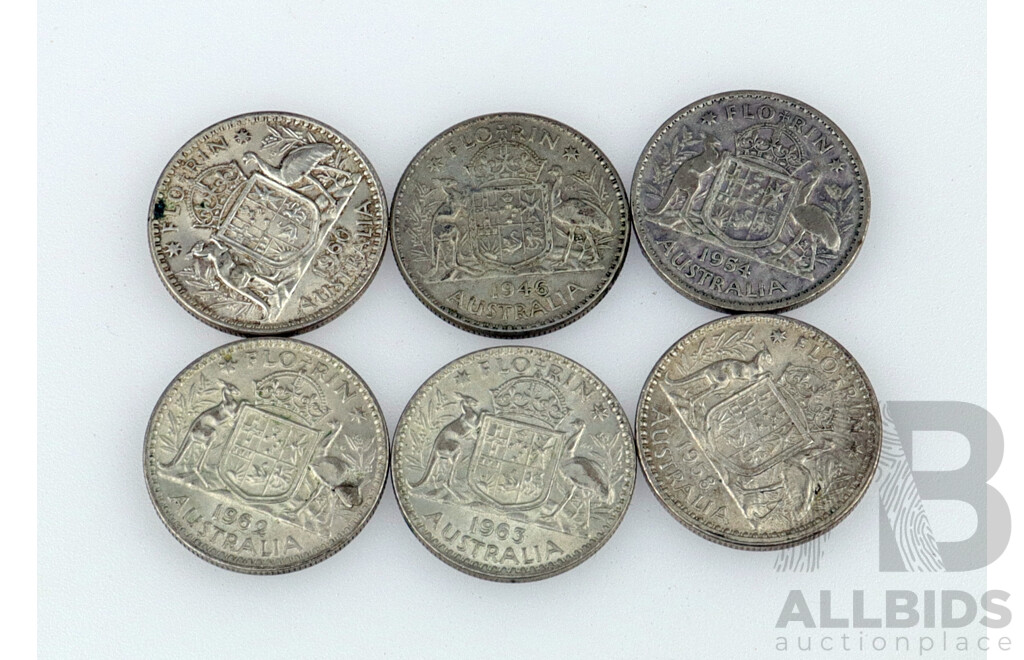 Collection of Australian Florins 1946, 1954, 1958, 1960, 1962, 1963 .500 Silver