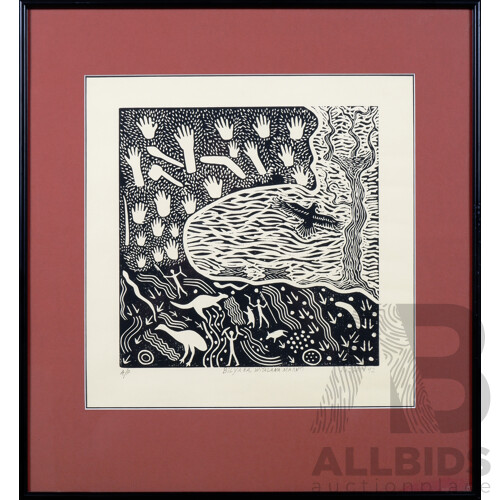 Badger (William) Bates (born 1946, Barkandji language group), Bilyara witalana marnti (Eaglehawk looking after his country) 1992, Linocut, 30 x 30 cm