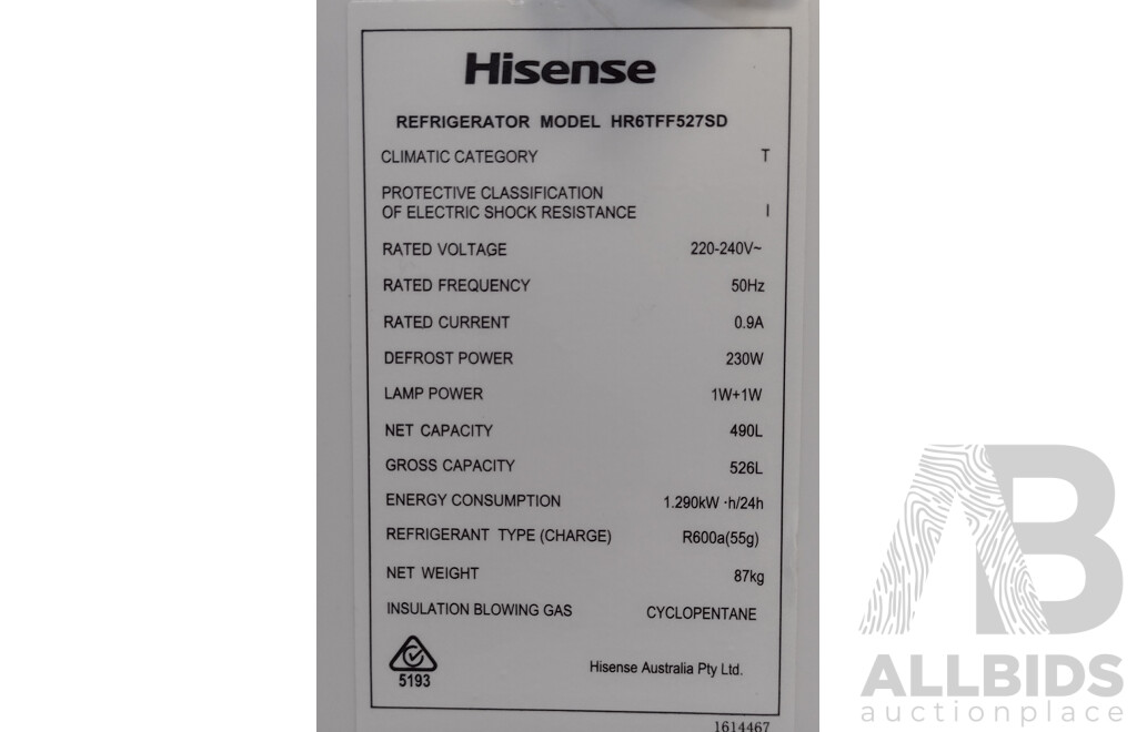 Hisense (HR6TFF527SD) 526L Top - Lot 1433558 | ALLBIDS