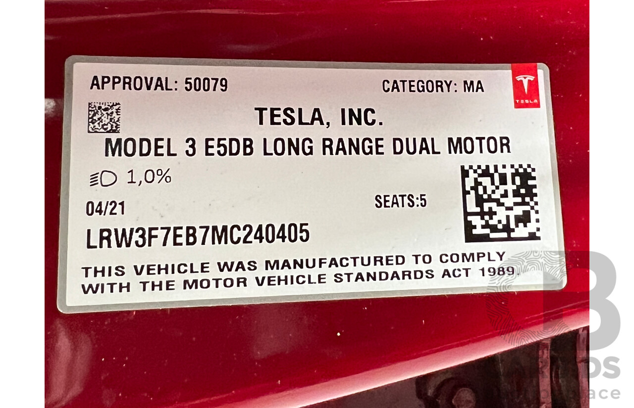 04/2021 Tesla Model 3 E5DB Long Range Dual Motor Red 4 door Sedan - Dedicated Electric