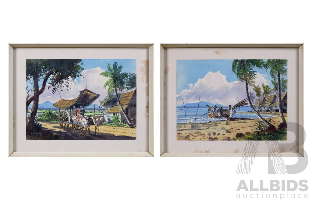 Abu Bakar Ibrahim (1925-1977, Malaysian), Pair of Watercolours Depicting Coastal and Rural Life, each 28 x 39 cm (2)