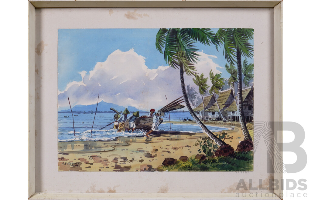 Abu Bakar Ibrahim (1925-1977, Malaysian), Pair of Watercolours Depicting Coastal and Rural Life, each 28 x 39 cm (2)