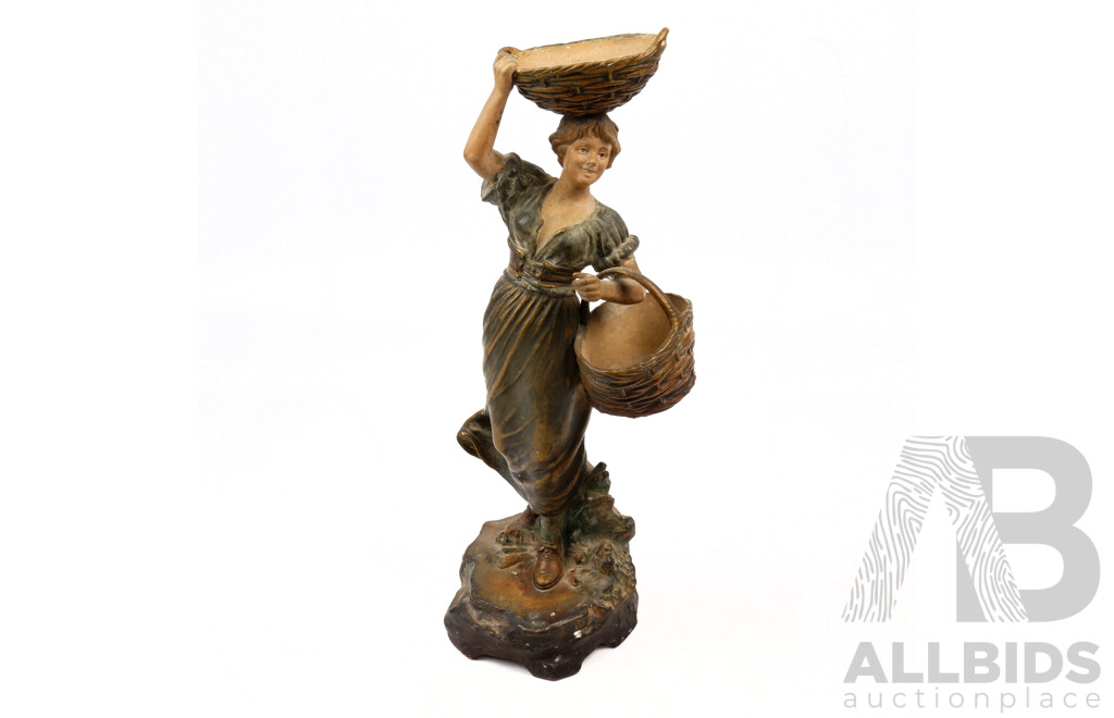 Ceramic Peasant Girl with Two Baskets Statue