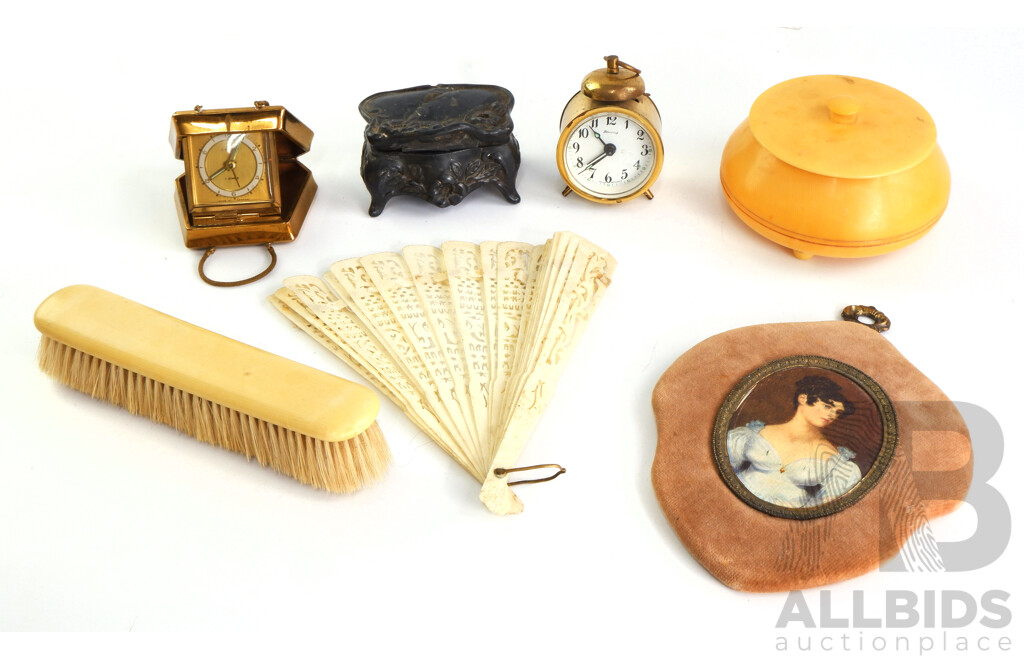 Collection Antique Dressing Table Items Including Celluloid Lidded Container, Fan and Brush, West German Blessing Alarm Clock and More