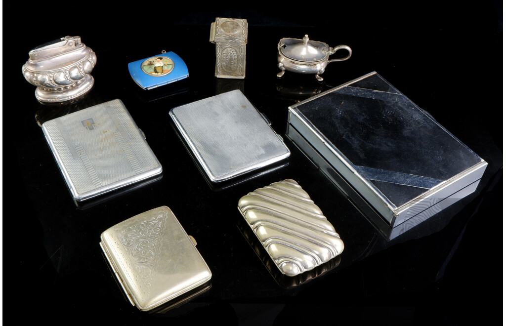 Collection Vintage Tobaccoenalia Including Ronson Table Lighter, Chrome and Black Cigar Case, Emu Brand Chrome Cigarette Case and More