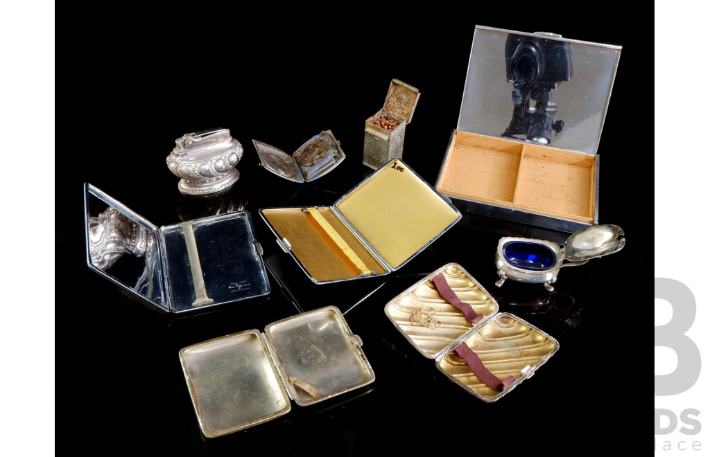 Collection Vintage Tobaccoenalia Including Ronson Table Lighter, Chrome and Black Cigar Case, Emu Brand Chrome Cigarette Case and More