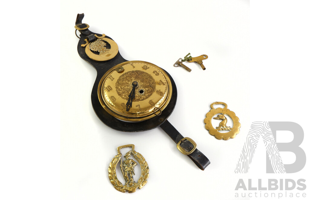 Brass Carriage Clock by Smiths on Leather Strap with Three Horse Brasses