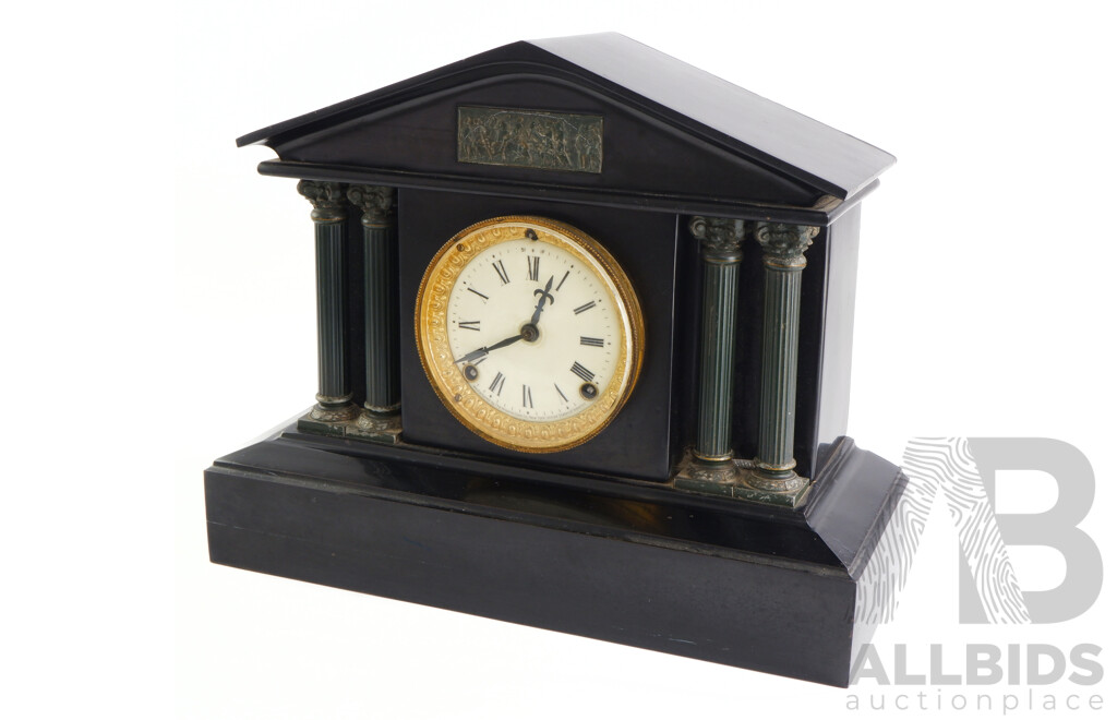 Vintage Ansonia Clock Co Mantle Clock with Gilded Dial Surround, Pediment Architecture, Corinthian Columns and Classical Bas Relief Scene, Made in USA
