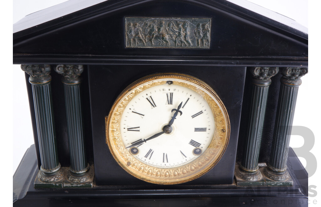 Vintage Ansonia Clock Co Mantle Clock with Gilded Dial Surround, Pediment Architecture, Corinthian Columns and Classical Bas Relief Scene, Made in USA